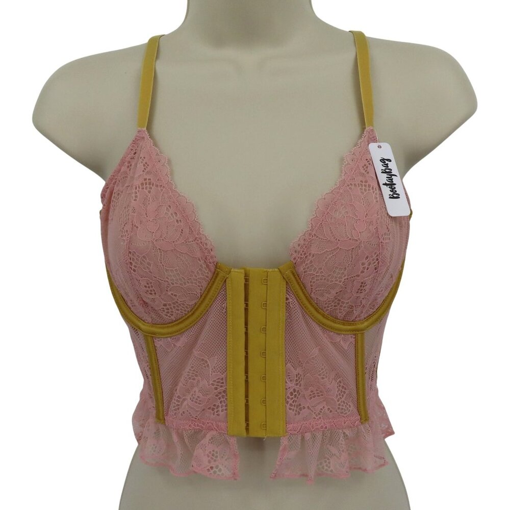 Bootay Bag Women Medium Pink Yellow Sheer Flower Lace Underwire Longline Bra NEW